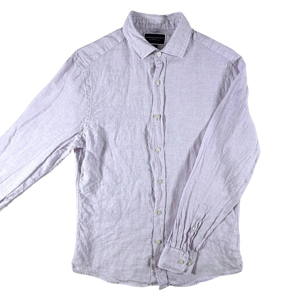 Charles Tyrwhitt Mens Small Slim Fit 100% Linen Shirt Light Purple Long Sleeve